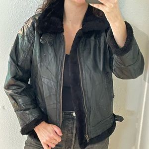 Vintage Leather Bomber Jacket Faux Fur Lined Sz M